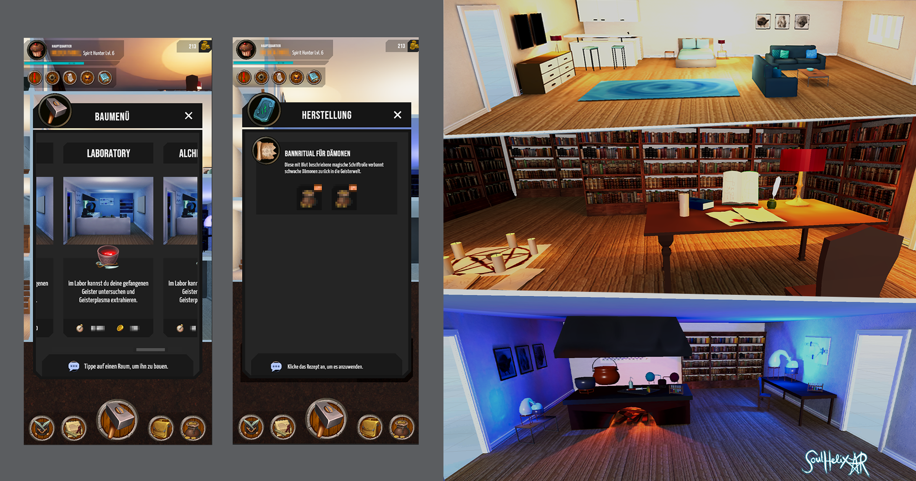 Left: Building and Crafting Menu - Right: (from top) Lounge, Library, Alchemy Kitchen