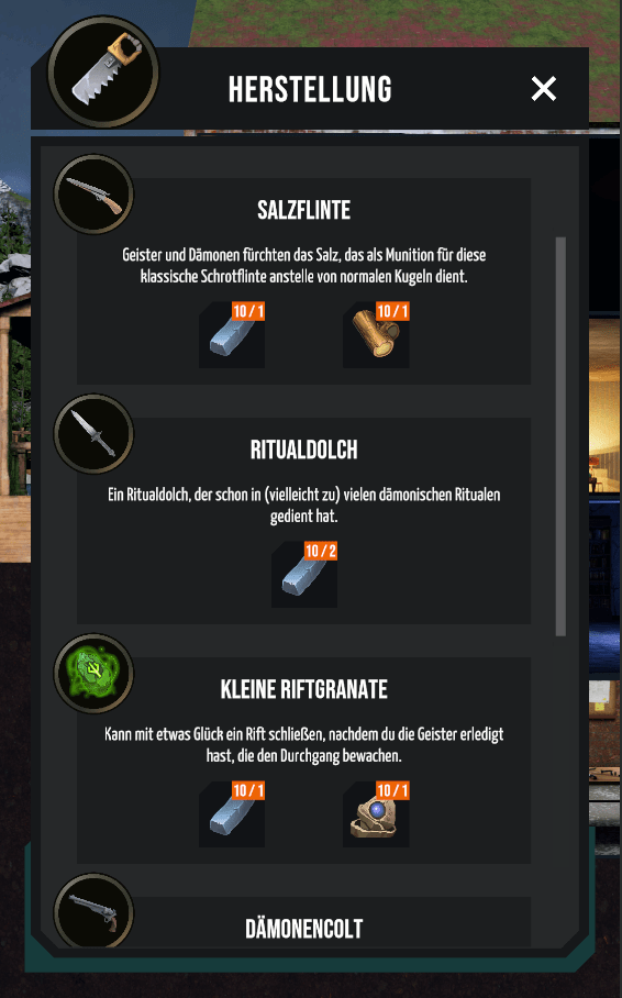 Crafting menu